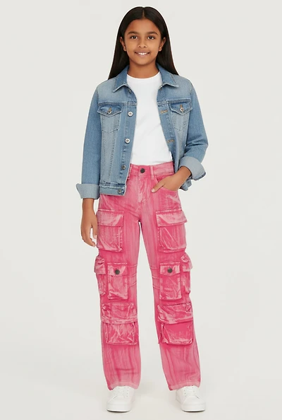 Girls Twill Acid Wash Utility Pants, Pink, Size 10-12