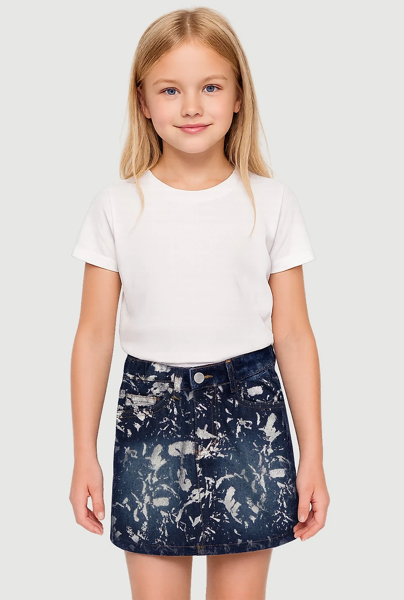 Little Girls Foil Screen Paint Splatter Denim Skirt, Blue,