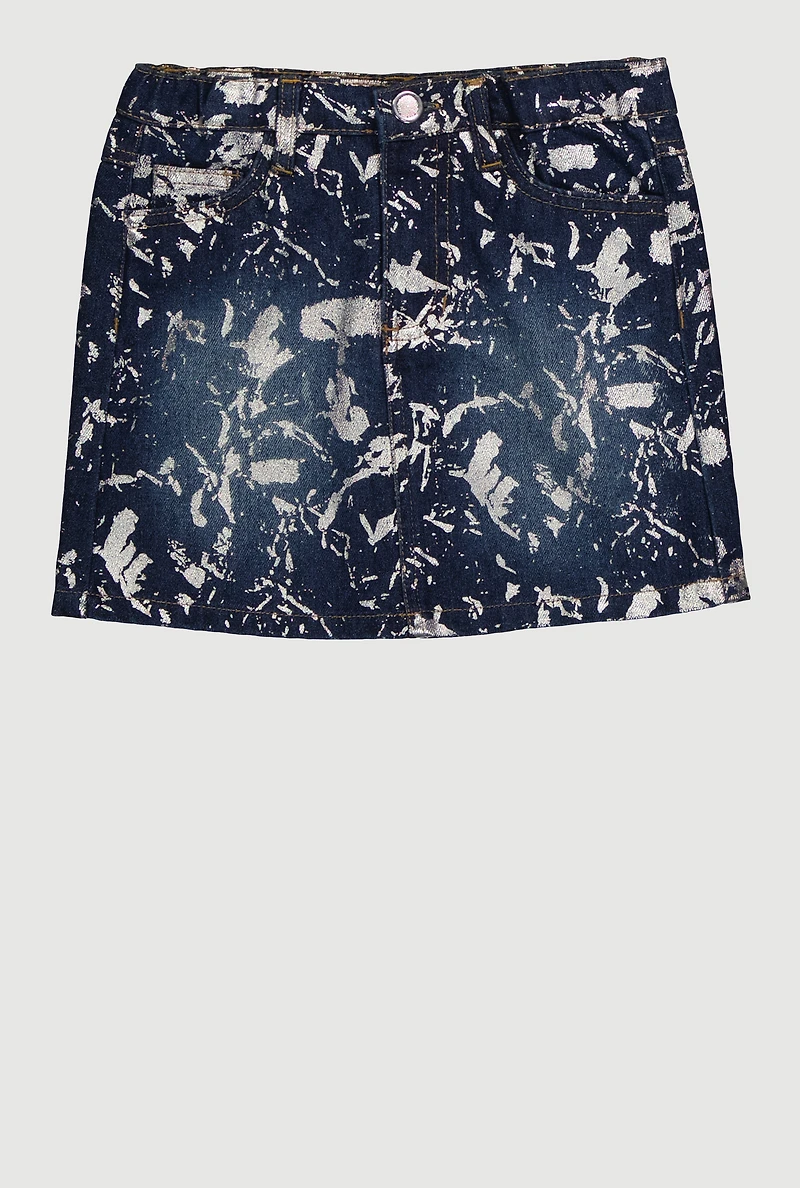 Little Girls Foil Screen Paint Splatter Denim Skirt, Blue,