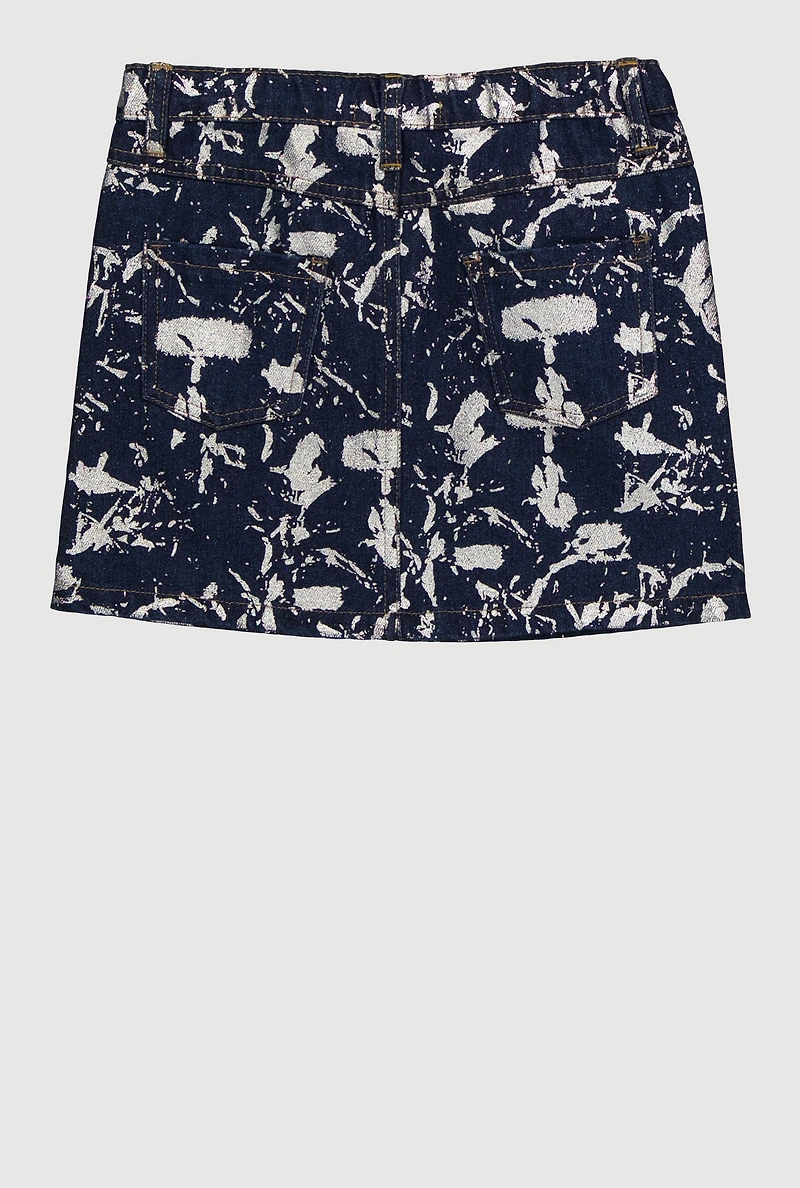 Little Girls Foil Screen Paint Splatter Denim Skirt, Blue,