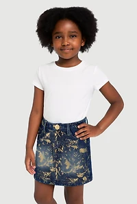 Little Girls Foil Screen Paint Splatter Denim Skirt, Blue,