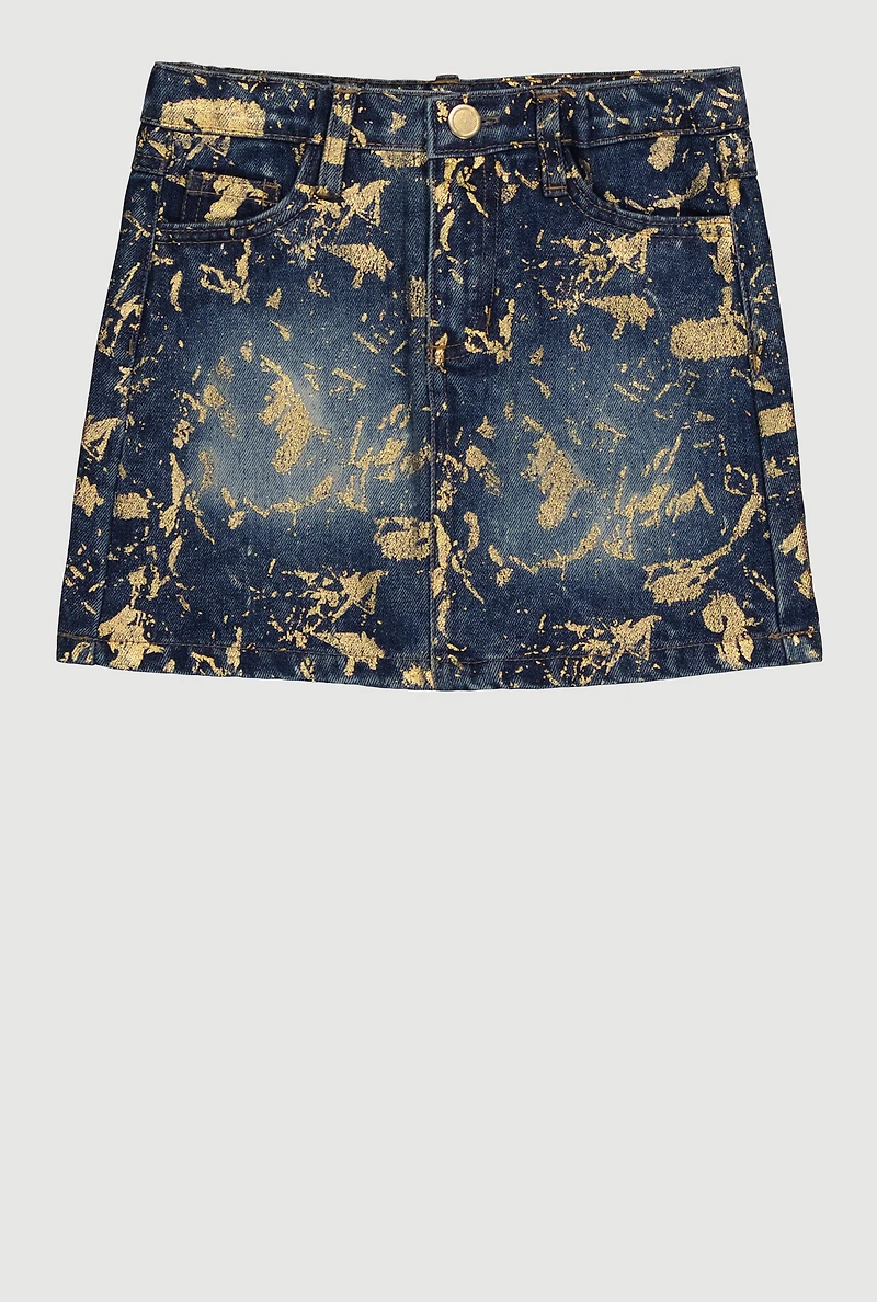 Little Girls Foil Screen Paint Splatter Denim Skirt