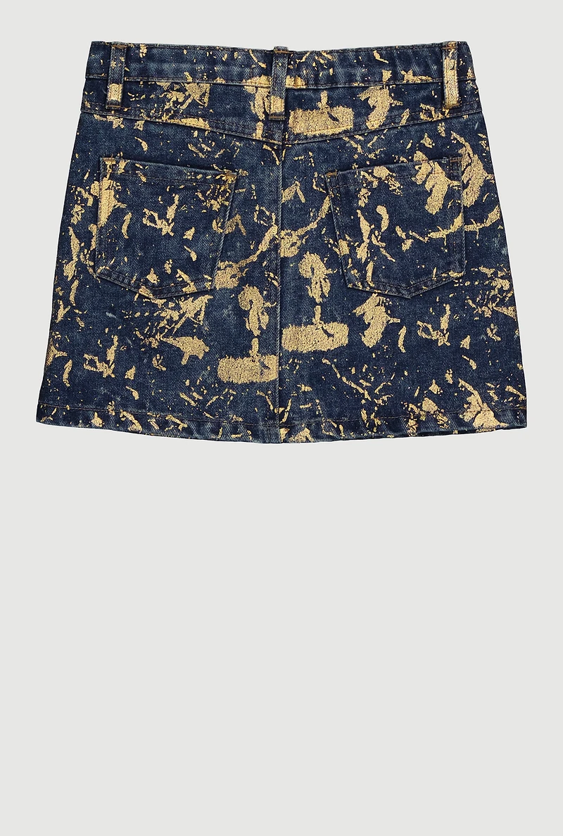 Little Girls Foil Screen Paint Splatter Denim Skirt, Blue,