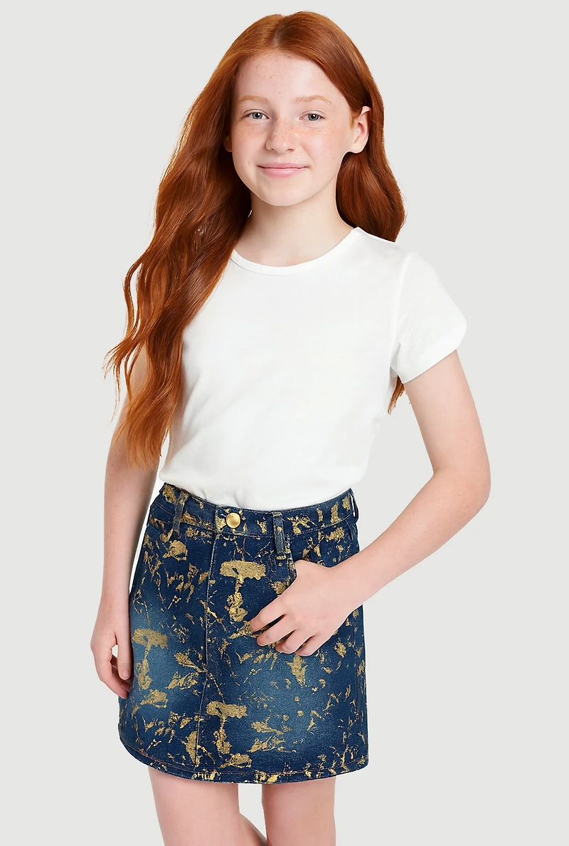 Girls Foil Screen Paint Splatter Denim Skirt, Blue, Size 10