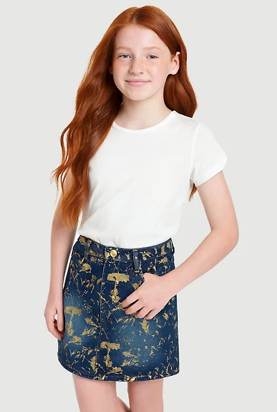 Girls Foil Screen Paint Splatter Denim Skirt, Blue, Size 10