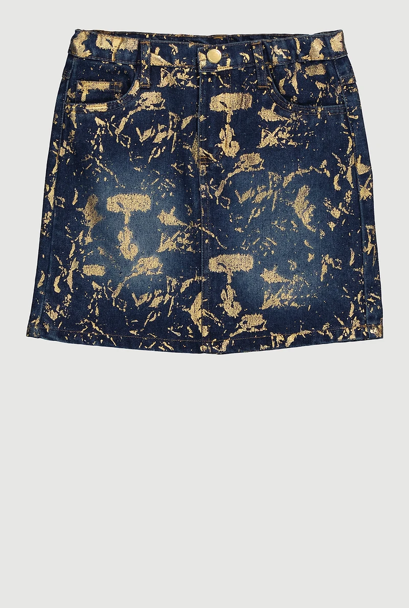 Girls Foil Screen Paint Splatter Denim Skirt, Blue, Size 10