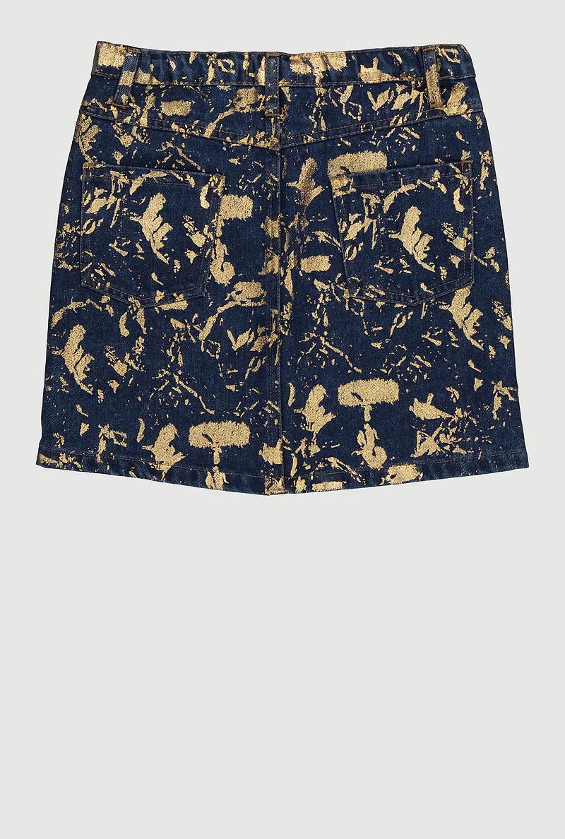 Girls Foil Screen Paint Splatter Denim Skirt, Blue, Size 10