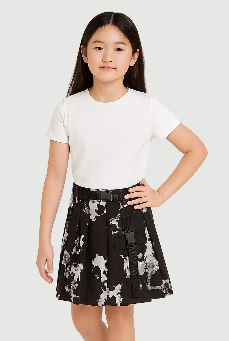 Girls Printed Pattern Pleated Skirt with Belt, Black,