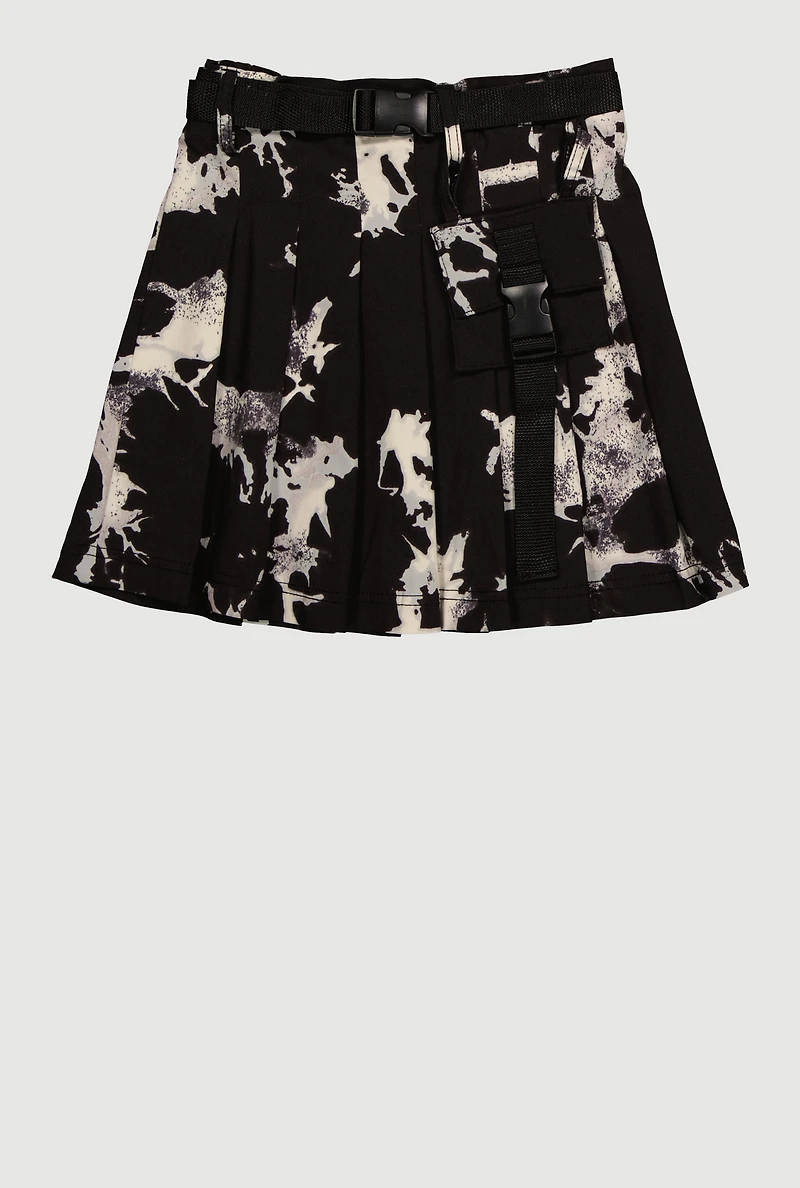 Girls Printed Pattern Pleated Skirt with Belt, Black, Size 14