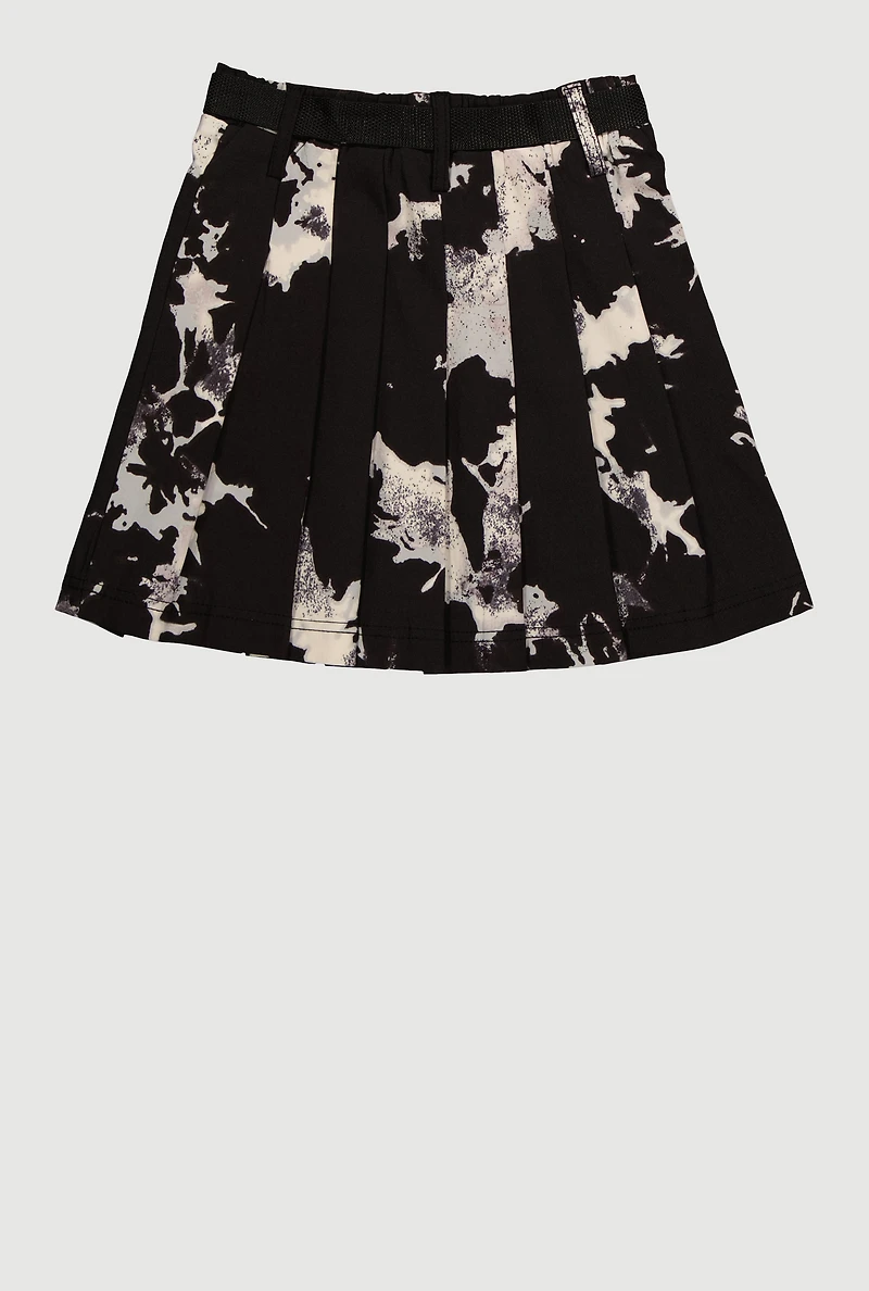 Girls Printed Pattern Pleated Skirt with Belt, Black, Size 14