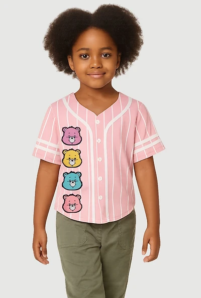 Little Girls Striped Care Bear Graphic Jersey Mesh Baseball Tee, Pink, Size 4