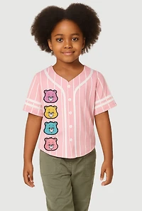 Little Girls Striped Care Bear Graphic Jersey Mesh Baseball Tee