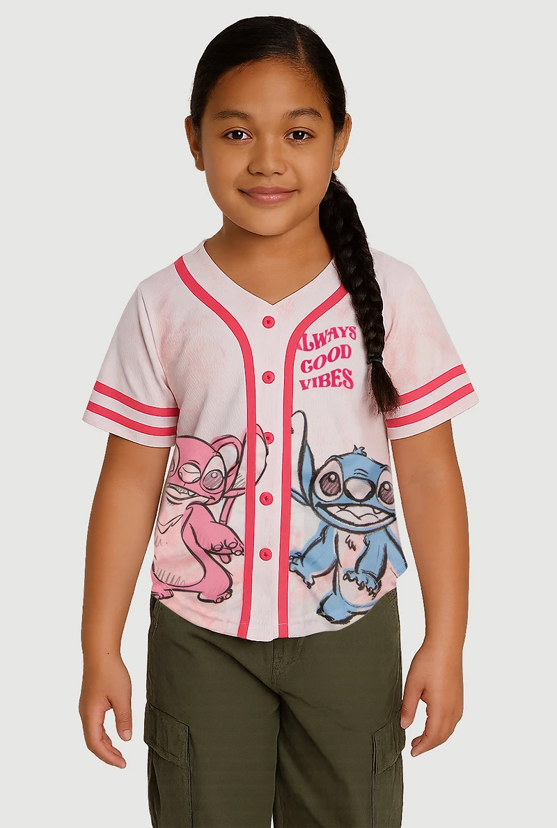 Little Girls Stitch Always Good Vibes Baseball Graphic Tee, Pink, Size 4-5