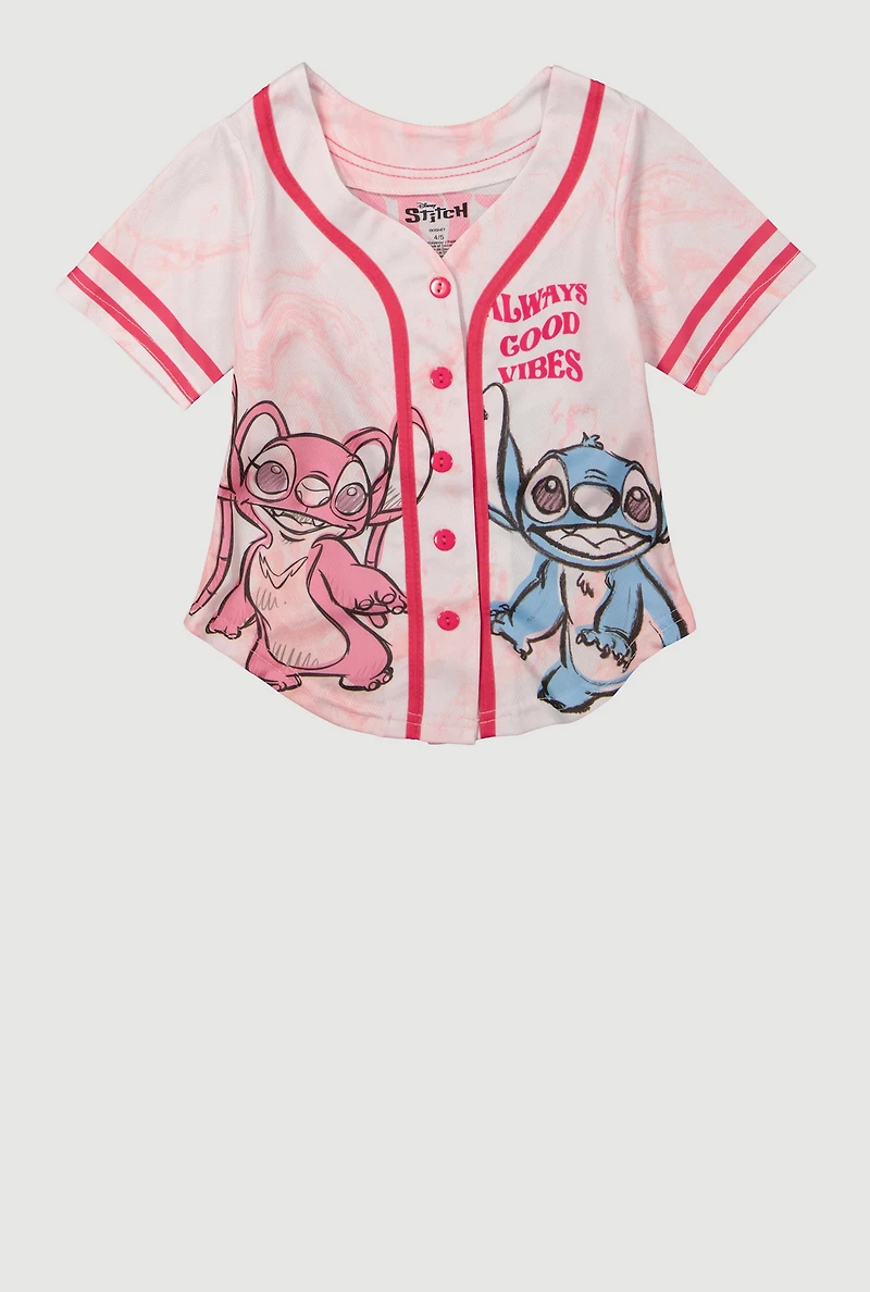 Little Girls Stitch Always Good Vibes Baseball Graphic Tee, Pink, Size 4-5