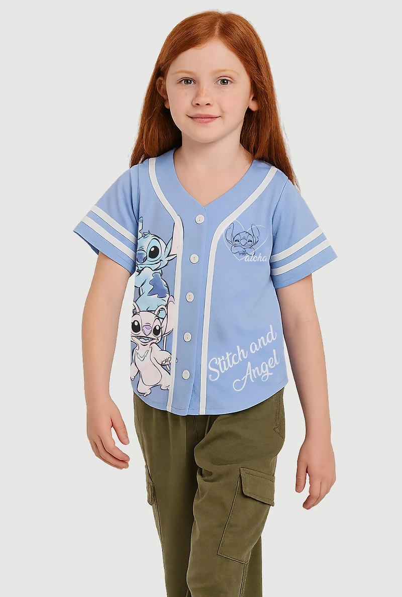 Little Girls Stitch and Angel Graphic Varsity Stripe Jersey Mesh Tee