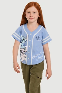 Little Girls Stitch and Angel Graphic Varsity Stripe Jersey Mesh Tee