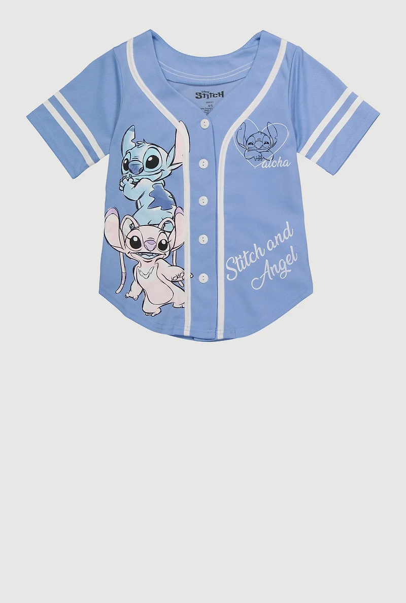 Little Girls Stitch and Angel Graphic Varsity Stripe Jersey Mesh Tee, Blue, Size 4-5