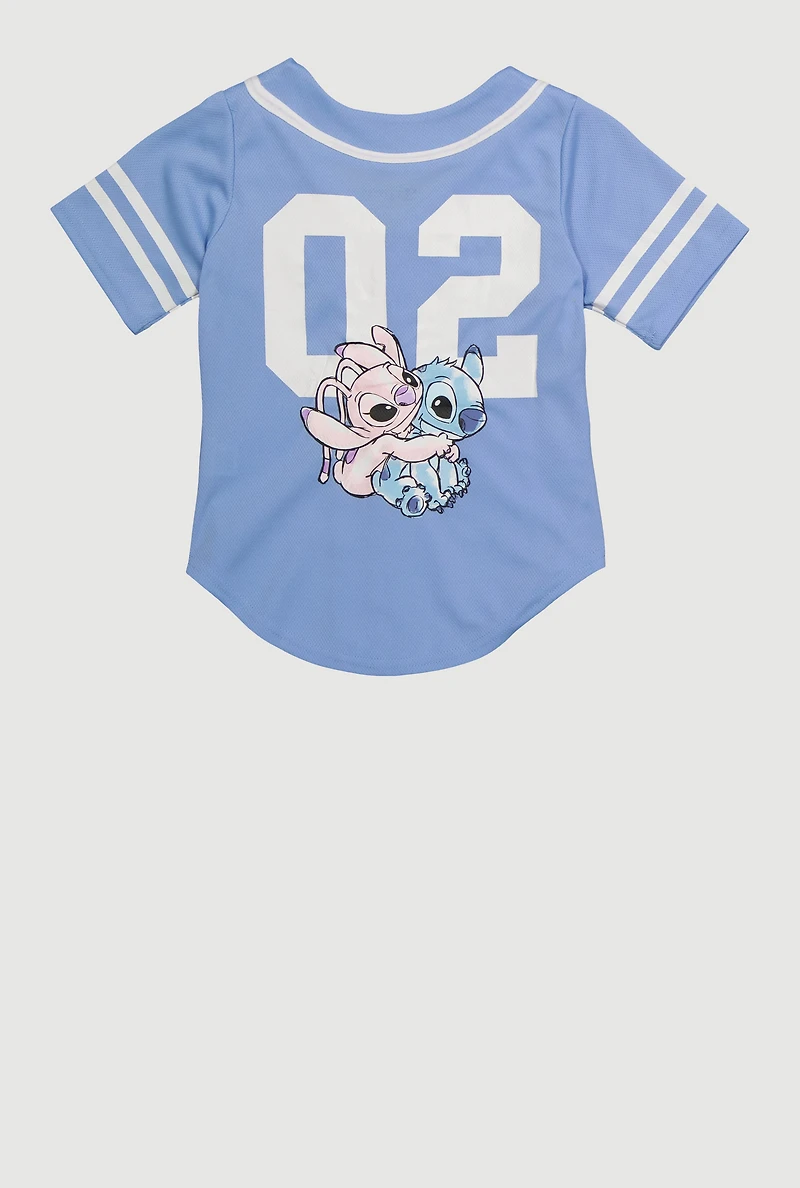 Little Girls Stitch and Angel Graphic Varsity Stripe Jersey Mesh Tee