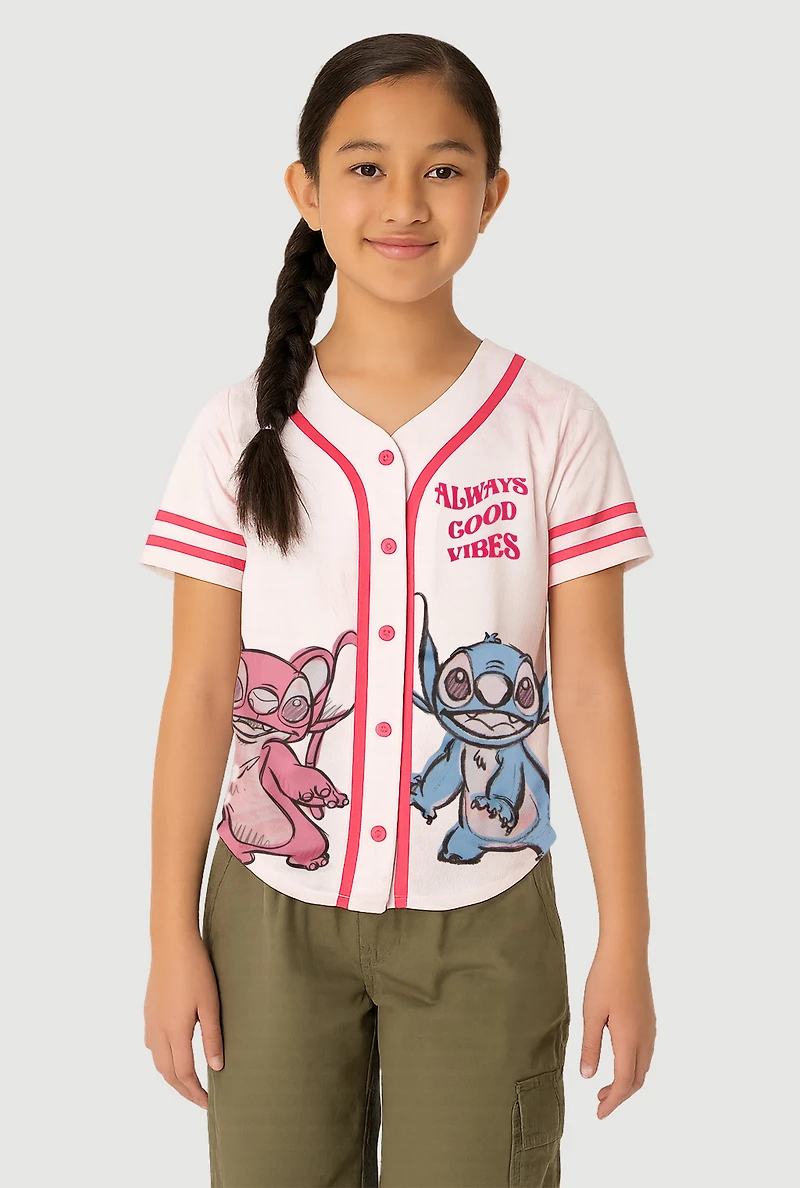 Girls Stitch and Angel Always Good Vibes Baseball Jersey, Pink, Size 7-8