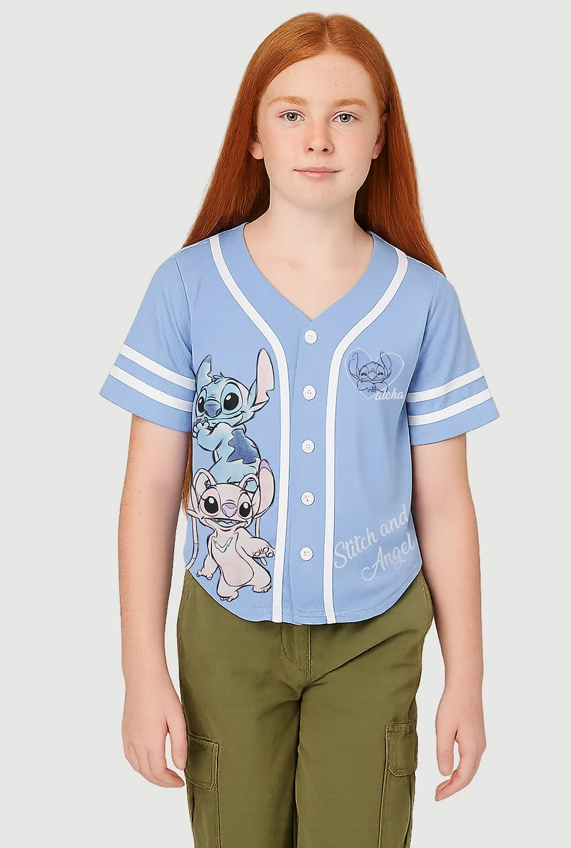 Girls Stitch and Angel Graphic Varsity Stripe Jersey Mesh Tee, Blue, Size 14-16
