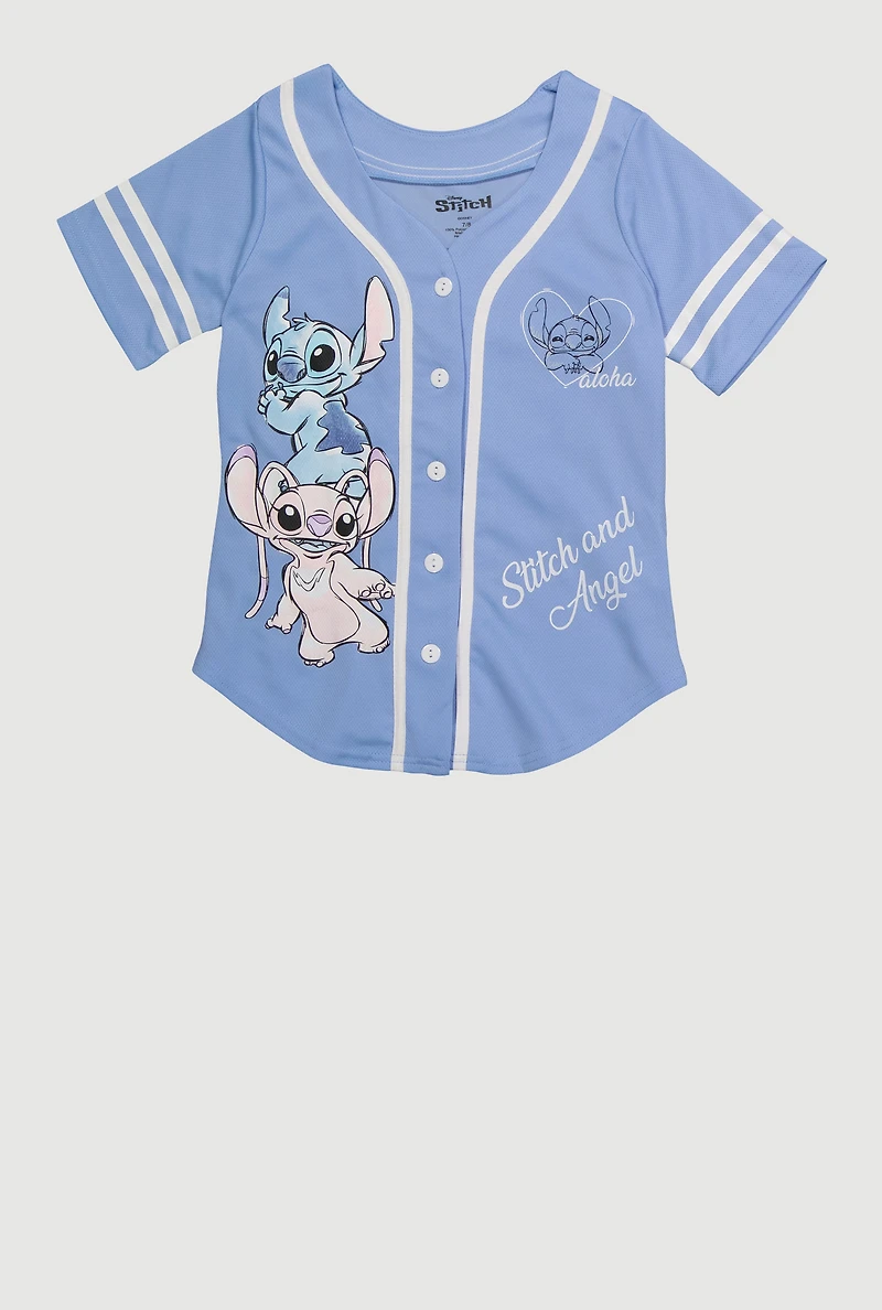 Girls Stitch and Angel Graphic Varsity Stripe Jersey Mesh Tee, Blue, Size 7-8