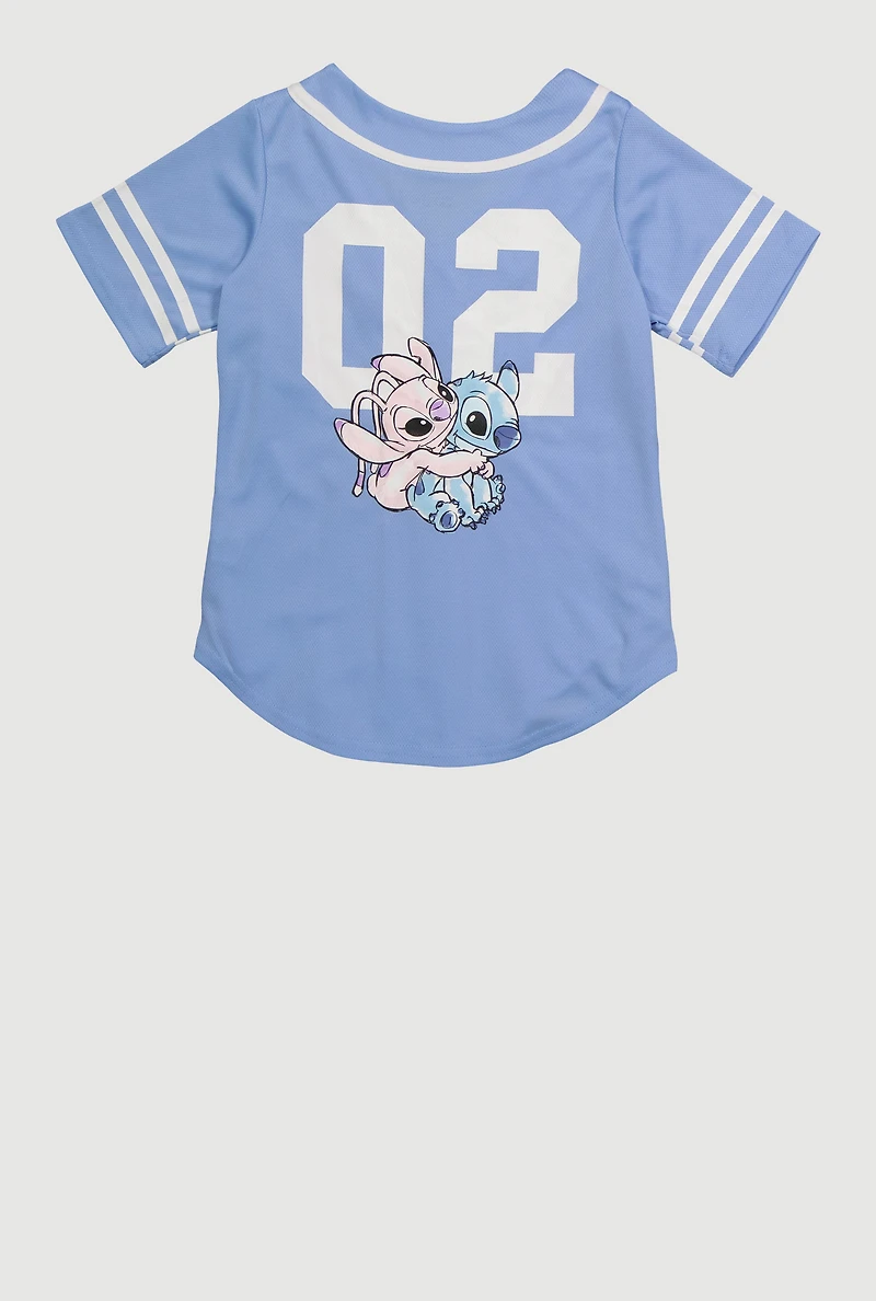 Girls Stitch and Angel Graphic Varsity Stripe Jersey Mesh Tee, Blue, Size 14-16