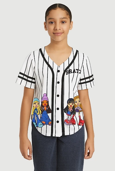 Girls Striped Bratz Graphic Baseball Jersey, White, Size 14-16