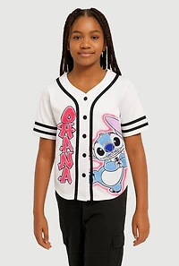 Girls Stitch Ohana Graphic Baseball Jersey, White, Size 14-16
