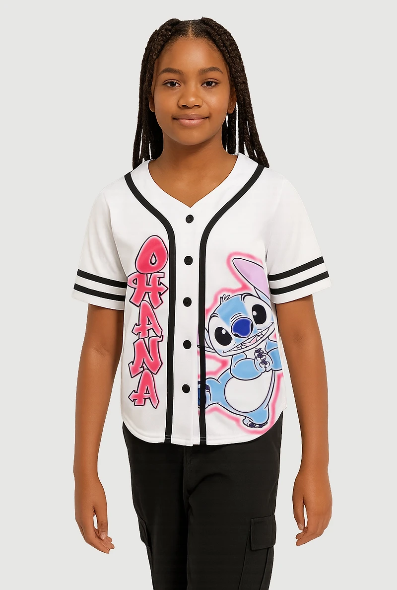 Girls Stitch Ohana Graphic Baseball Jersey, White, Size 10-12
