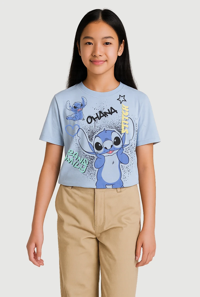 Girls Stitch Ohana Means Family Graphic Tee, Blue, Size 10-12