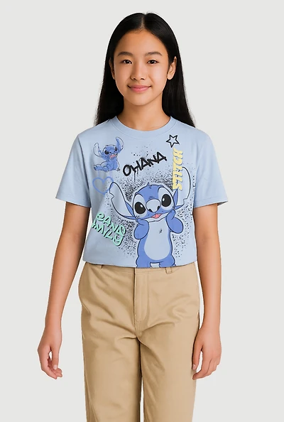 Girls Stitch Ohana Means Family Graphic Tee, Blue, Size 10-12
