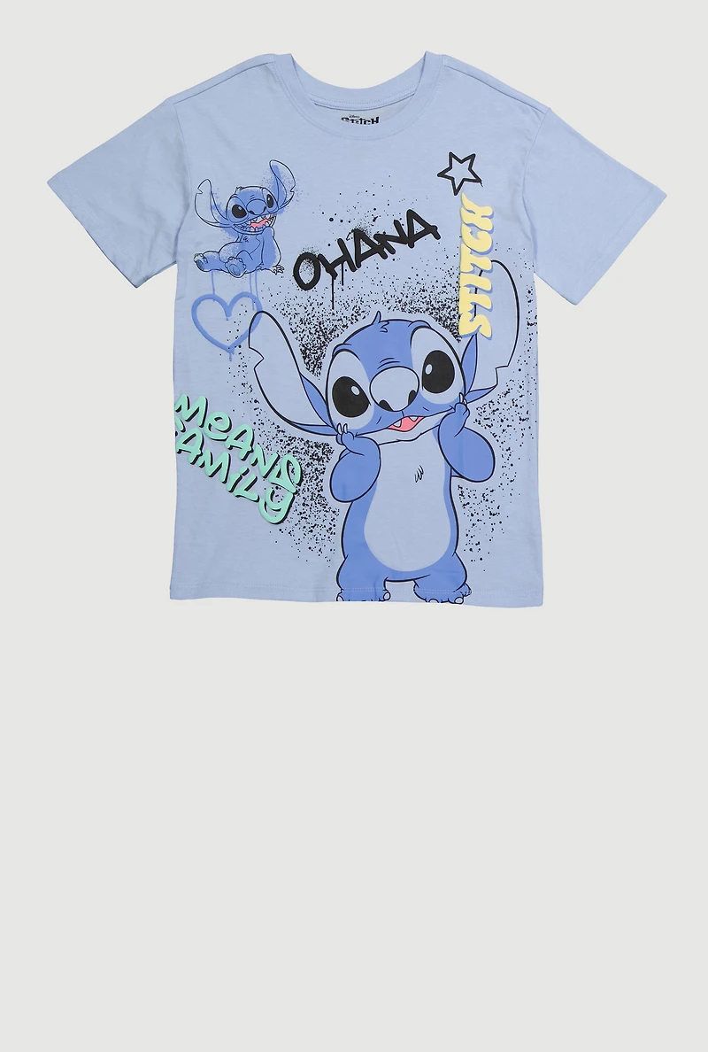 Girls Stitch Ohana Means Family Graphic Tee, Blue, Size 10-12