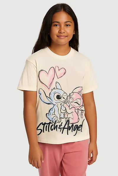 Girls Stitch and Angel Graphic Tee, Beige, Size 7-8
