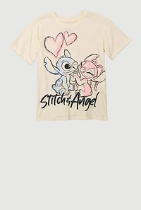 Girls Stitch and Angel Graphic Tee, Beige, Size 7-8