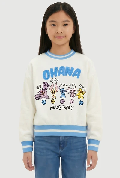 Girls Ohana Chenille Graphic Crew Neck Sweatshirt
