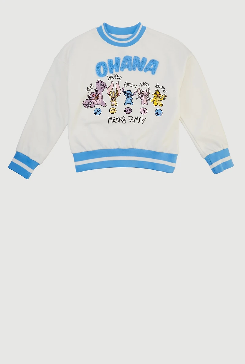Girls Ohana Chenille Graphic Crew Neck Sweatshirt