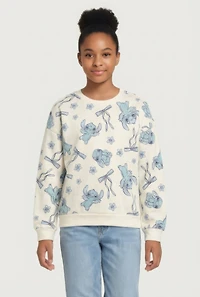 Girls Stitch Print Long Sleeve Pullover Sweatshirt