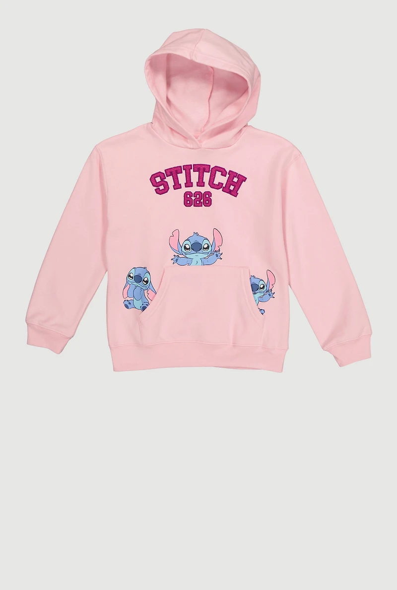Girls Stitch 626 Graphic Kangaroo Pocket Hoodie, Pink, Size 7-8