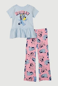 Little Girls Bluey Hooray Peplum Tee and Pants Set