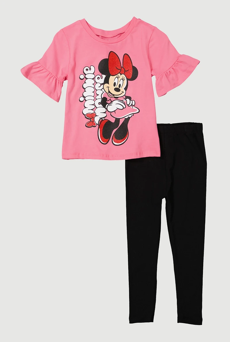 Little Girls Minnie Mouse Ruffle Sleeve Top and Leggings, Pink, Size 4