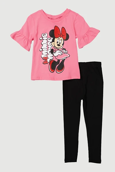 Little Girls Minnie Mouse Ruffle Sleeve Top and Leggings, Pink, Size 4