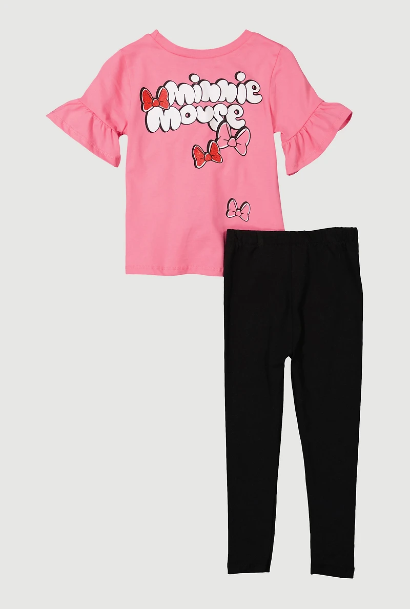 Little Girls Minnie Mouse Ruffle Sleeve Top and Leggings, Pink, Size 4