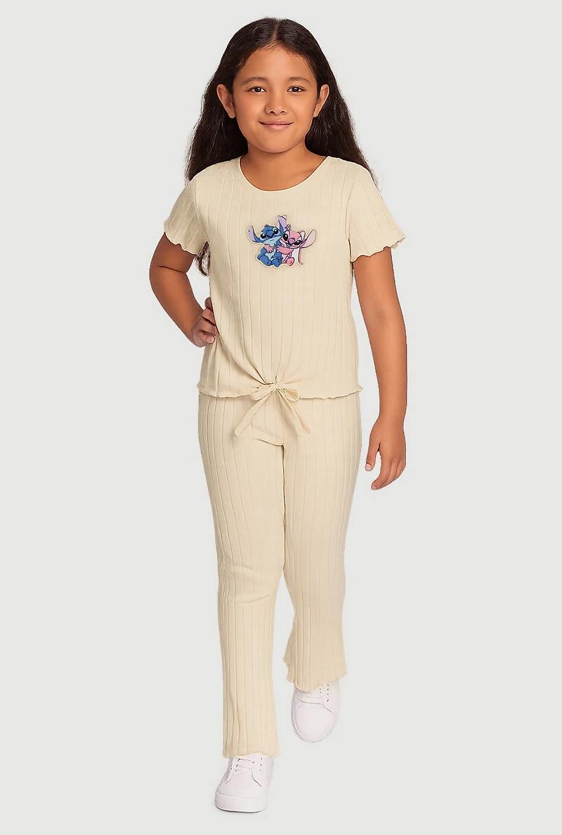 Little Girls Ribbed Knit Graphic Top and Pants Set, Beige, Size 4