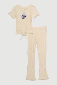 Little Girls Ribbed Knit Graphic Top and Pants Set, Beige, Size 4