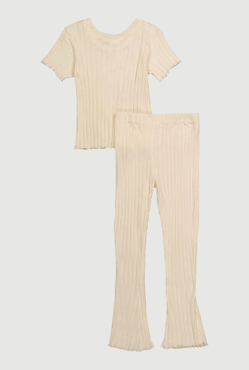 Little Girls Ribbed Knit Graphic Top and Pants Set, Beige, Size 6X