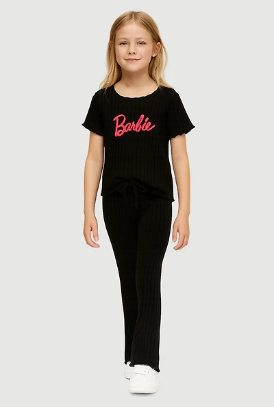Little Girls Ribbed Knit Graphic Logo Top and Pants Set, Black, Size 6X