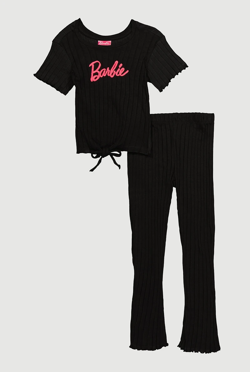 Little Girls Ribbed Knit Graphic Logo Top and Pants Set, Black, Size 6X