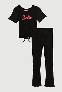 Little Girls Ribbed Knit Graphic Logo Top and Pants Set, Black, Size 6X