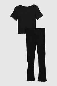 Little Girls Ribbed Knit Graphic Logo Top and Pants Set, Black, Size 6X