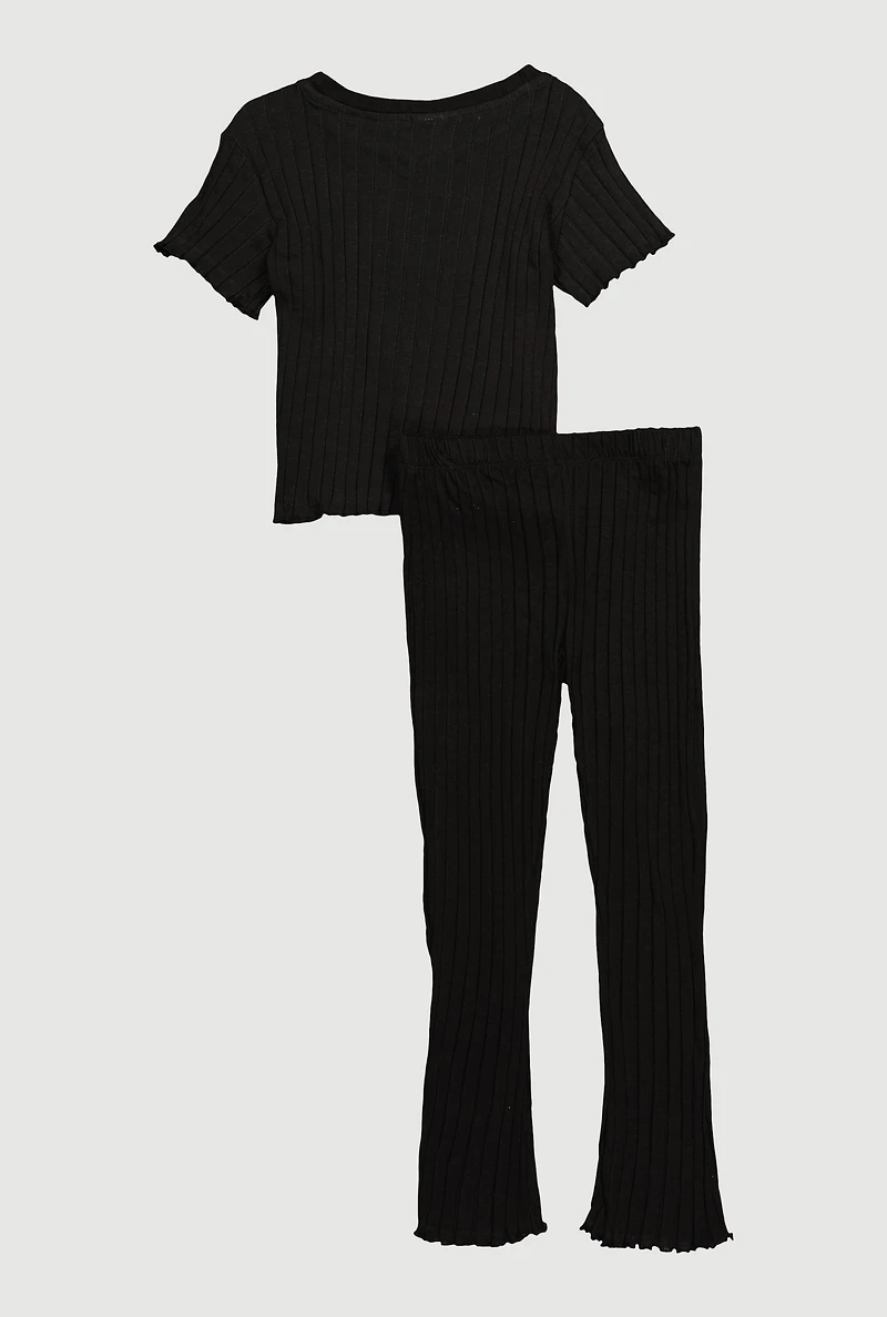 Little Girls Ribbed Knit Graphic Logo Top and Pants Set, Black,